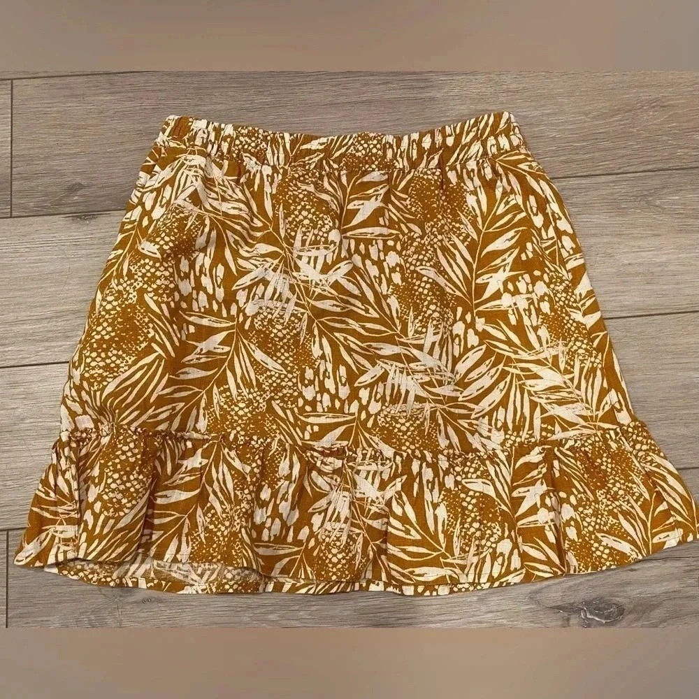 Christian Siriano 100% Linen Tropical Mustard Yellow Boho Mini Skirt Medium‎ EUC
